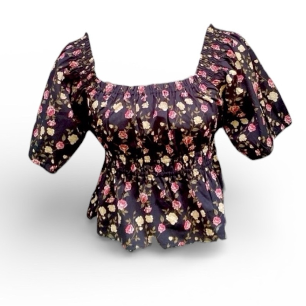 New Celebrity Pink puff sleeve Floral Black off the shoulder top Medium Women